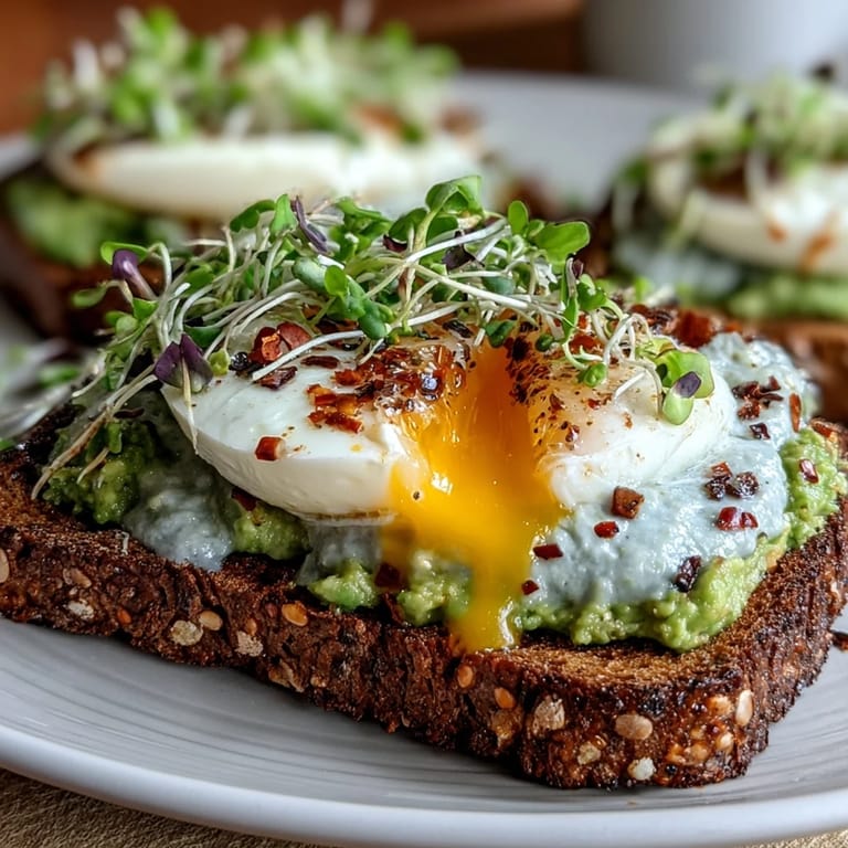 Creamy mashed avocado and soft-boiled egg on toasted sourdough, garnished with fresh microgreens and a hint of chili flakes for a nutritious breakfast.