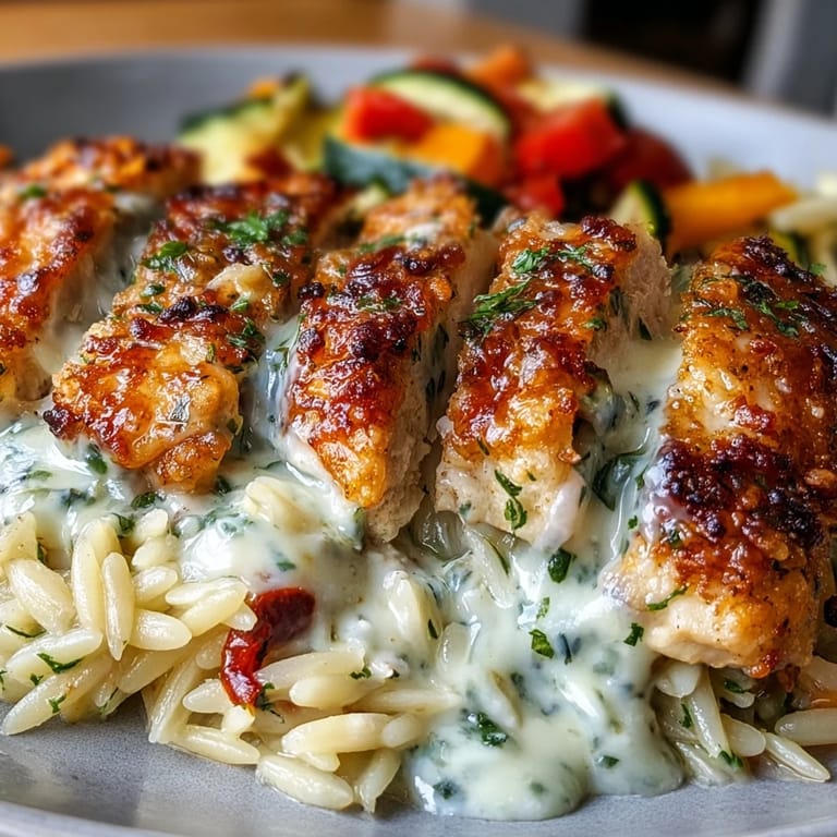 Savory Boursin Orzo Bake featuring juicy chicken, zucchini, and garlic herb cheese, garnished with fresh parsley for a colorful meal.