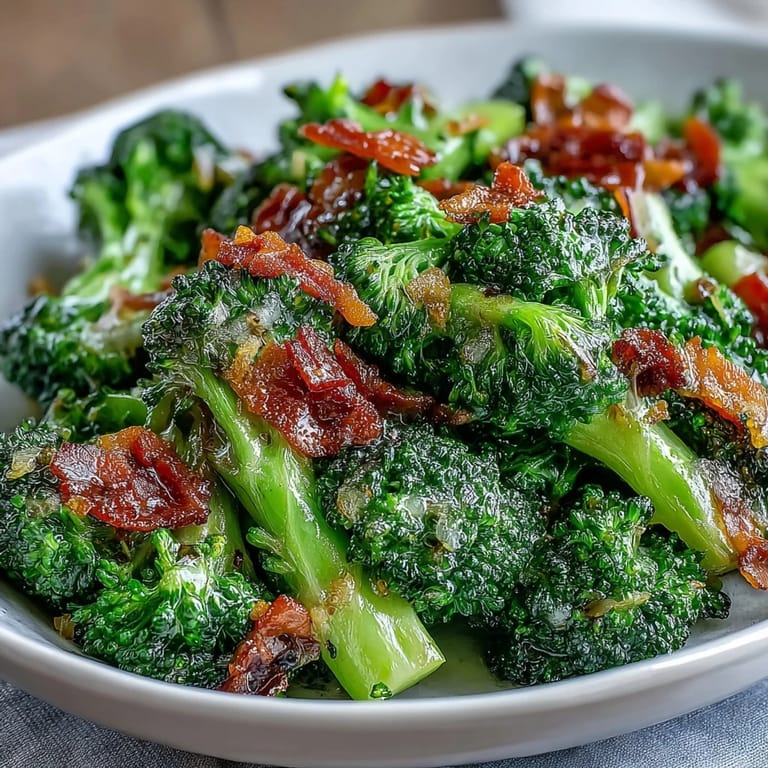 Aromatic garlic and golden crispy bacon enhance steamed broccoli in this easy Asian-inspired recipe.  