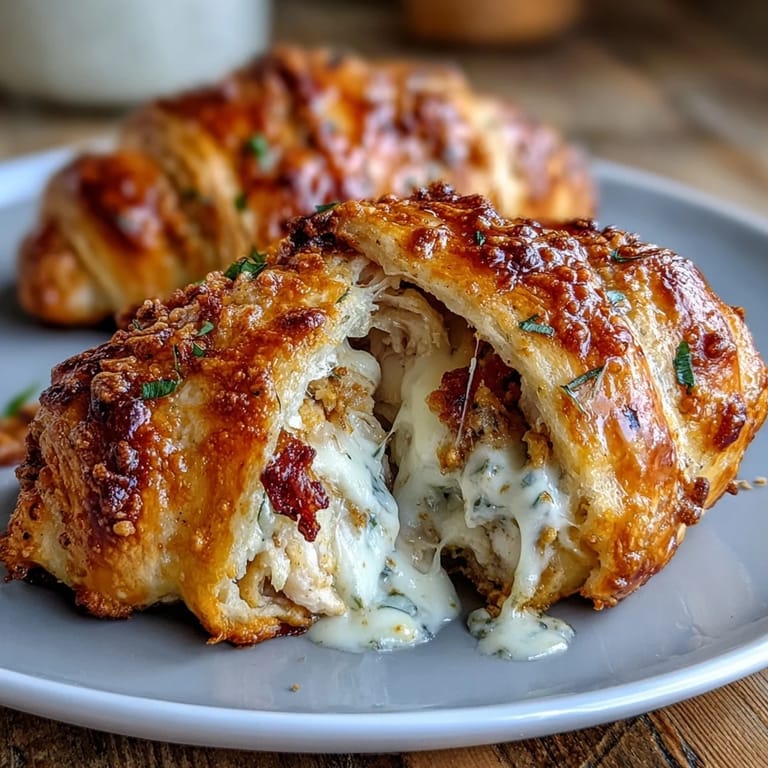 Decadent Chicken Pillows with Garlic Parmesan Sauce: tender shredded chicken and melted mozzarella wrapped in crescent rolls, baked until golden and brushed with rich garlic Parmesan butter.