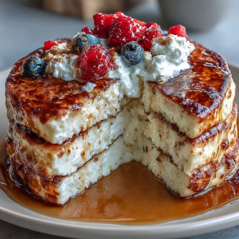 Soft, savory-sweet cottage cheese pancakes sizzling on a skillet, perfect for a quick and healthy morning meal.