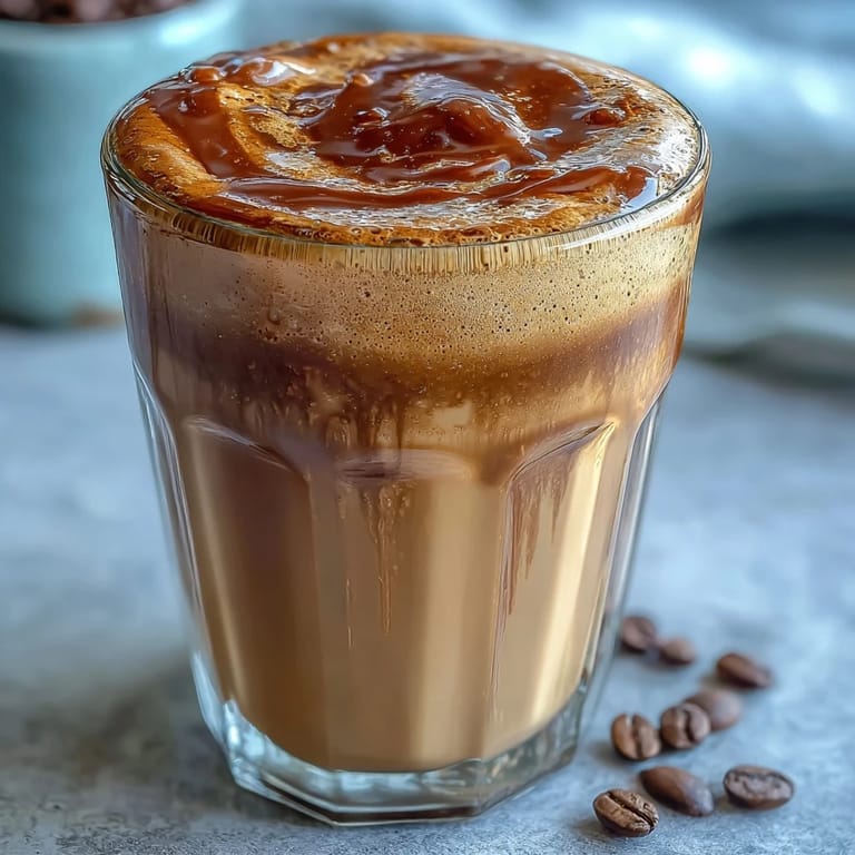 Energizing 5-minute coffee protein shake topped with a dusting of cocoa powder, perfect for post-workout recovery or busy mornings.