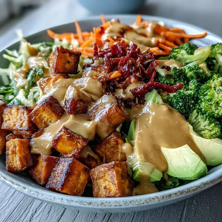 Creamy Thai peanut sauce coats roasted sweet potatoes and fresh vegetables in a nourishing, colorful Buddha bowl perfect for lunch.