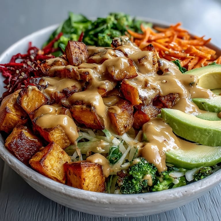 A nourishing Buddha bowl filled with roasted sweet potatoes, crunchy vegetables, and a rich Thai peanut sauce for bold flavor.