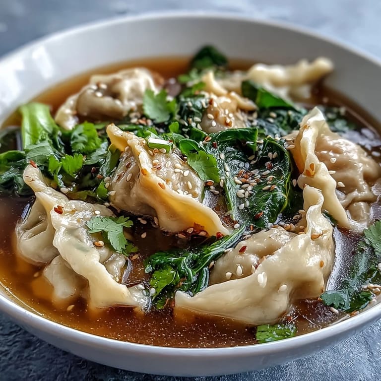 Fragrant ginger and garlic-infused broth with delicate dumplings, crisp bok choy, and julienned carrots in a comforting Asian soup.