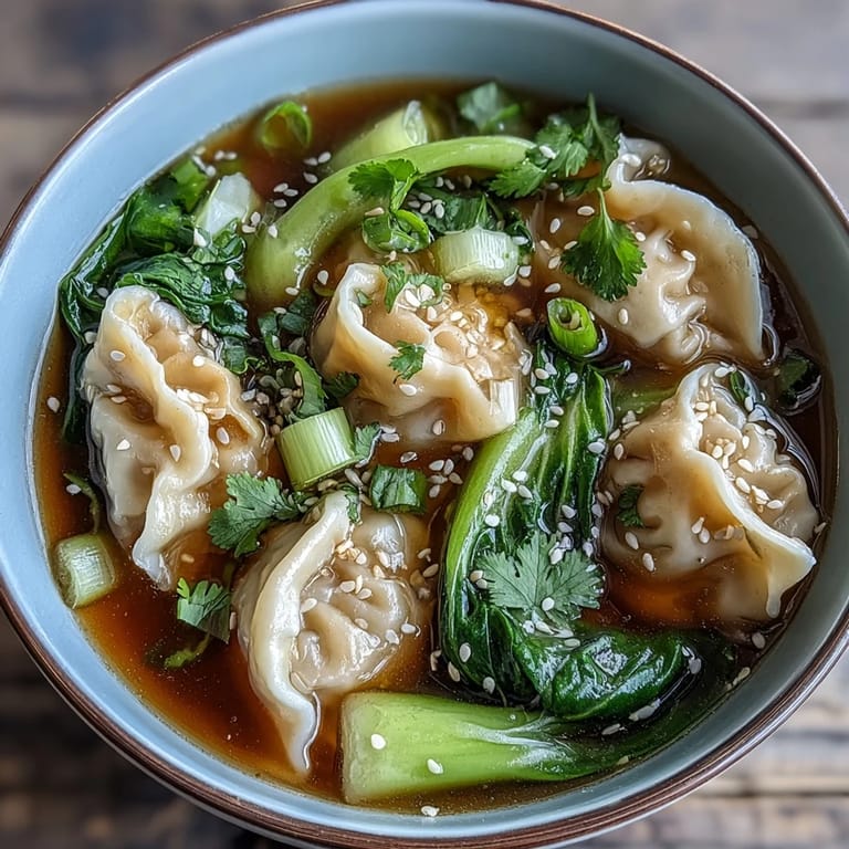 Hearty Asian Dumpling Soup with Bok Choy and Ginger, topped with green onions and chili oil for a warming, flavorful meal.
