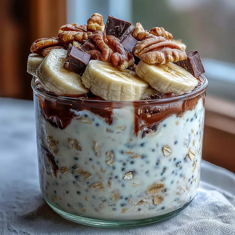 Velvety overnight oats with ripe banana and dark chocolate, garnished with nuts for added crunch.