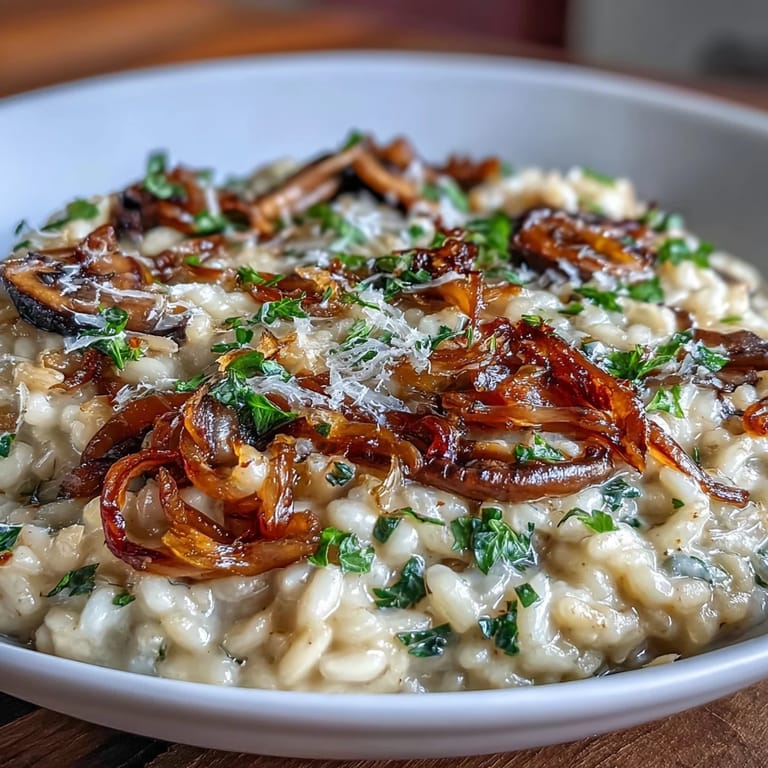 Rich, savory risotto featuring sweet caramelized onions, sautéed mushrooms, and a hint of garlic for comforting depth.  