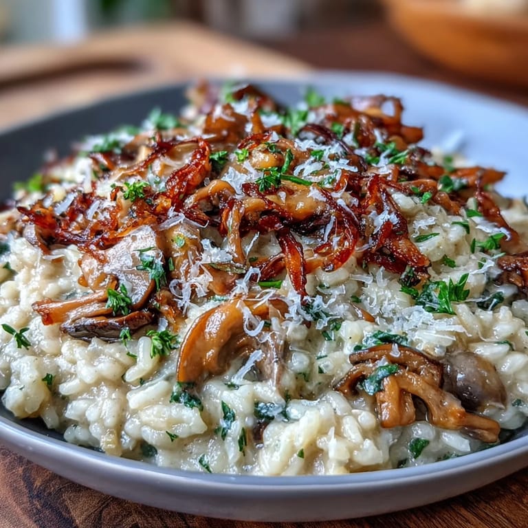 Elegant vegetarian risotto with creamy Arborio rice, deeply caramelized onions, and browned mushrooms, garnished with fresh parsley.
