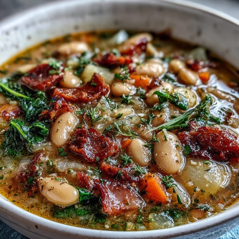Rich ham and cannellini bean stew with tender beans, diced ham, and fresh greens in a flavorful tomato broth.