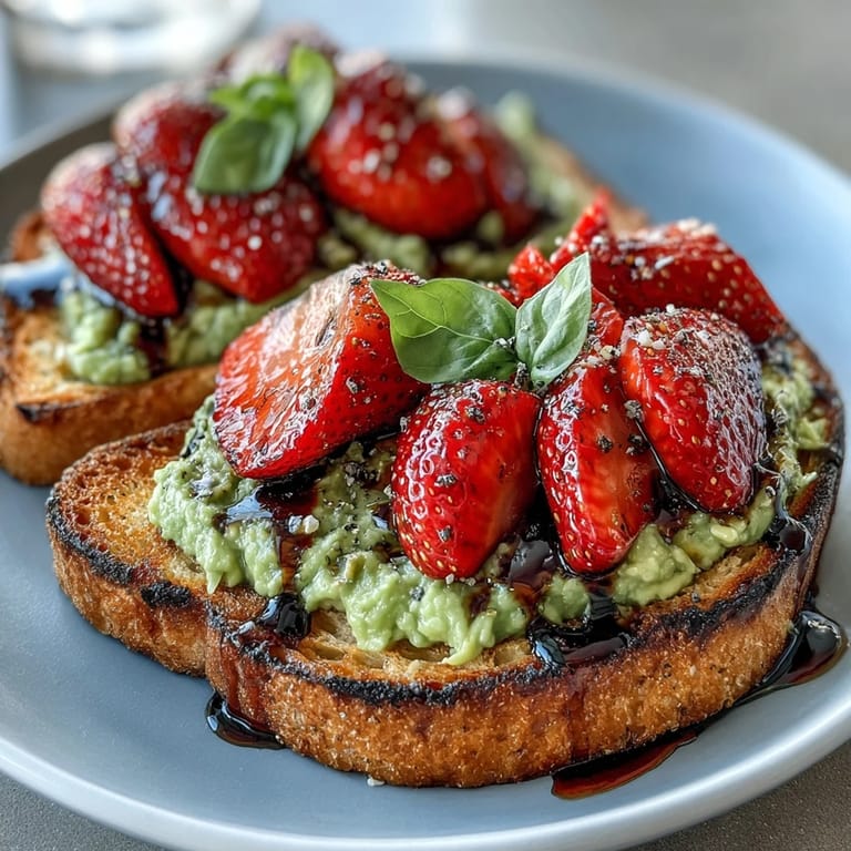 Delightful avocado toast with sweet strawberries, basil, and balsamic drizzle—a perfect Galentine's celebration dish.