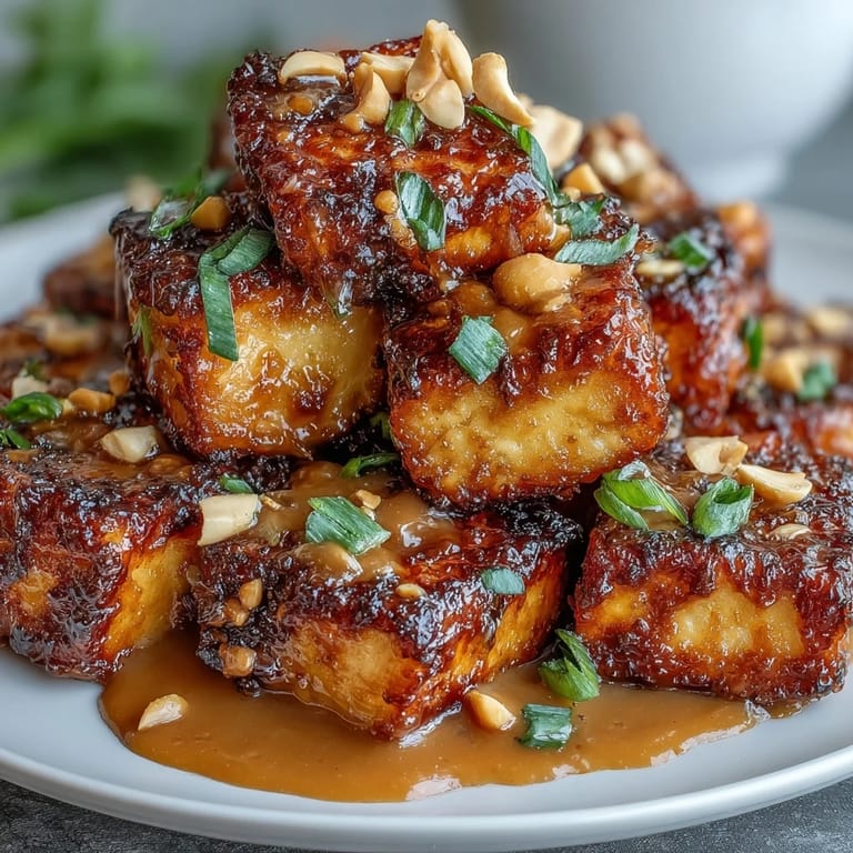 Air fryer crispy tofu served with a rich, flavorful peanut sauce, garnished with scallions and cilantro. Perfect for a quick, satisfying vegan meal.