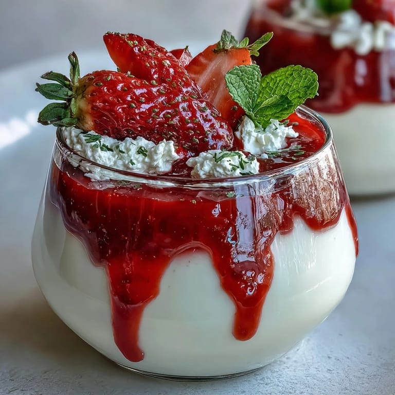 Elegant Valentine's Day strawberry panna cotta with smooth cream and vibrant berry topping in glass cups.