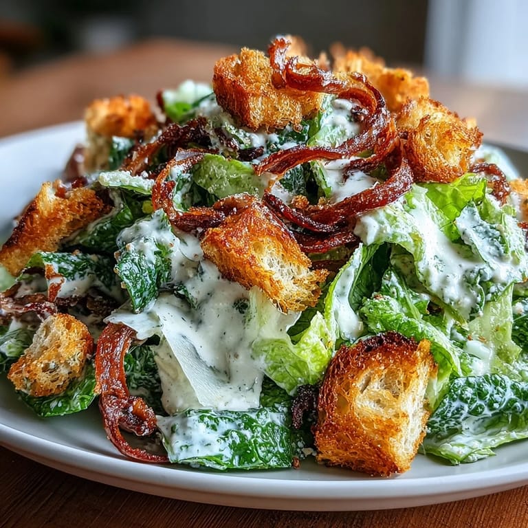 Golden garlic sourdough croutons add irresistible crunch to a vibrant Caesar salad with homemade dressing and crisp romaine.  