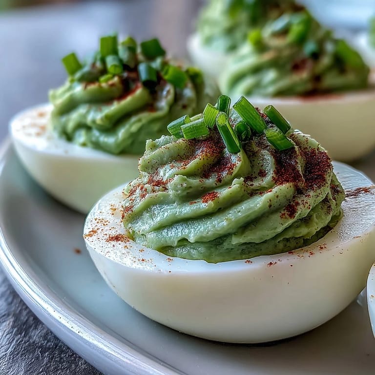 Creamy green avocado deviled eggs served on a platter with fresh chive garnish and paprika dusting.