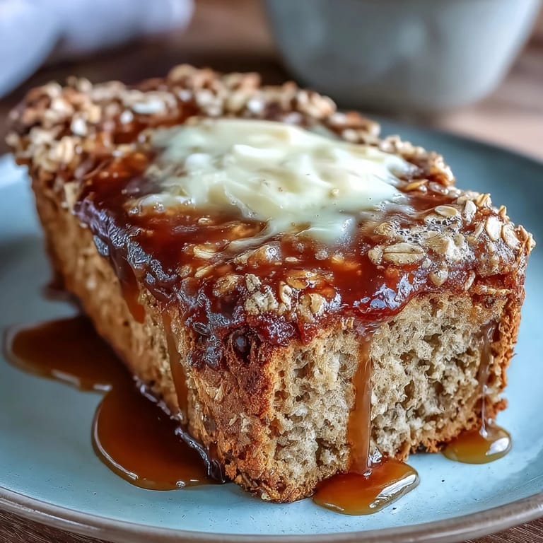 Warm slice of Irish brown bread topped with creamy honey butter, golden crust glistening and oats sprinkled on top.