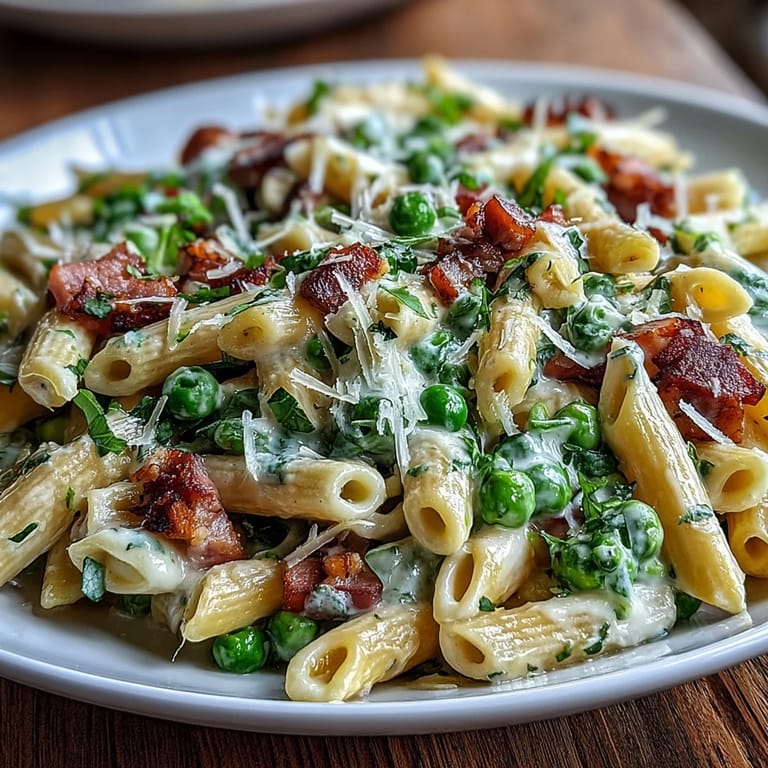 A comforting one-pot pasta dish featuring leeks, peas, and ham simmered in a creamy Parmesan sauce.