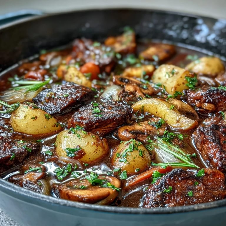 Comforting Guinness-free Irish stew featuring savory mushroom meat, carrots, parsnips, and potatoes simmered in a fragrant vegetable broth.