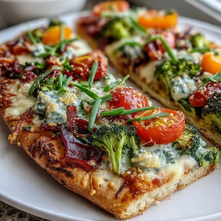 Healthy St. Patricks Day Rainbow Veggie Flatbread Pizza topped with cherry tomatoes, yellow corn, and red cabbage for a festive vegetarian meal.