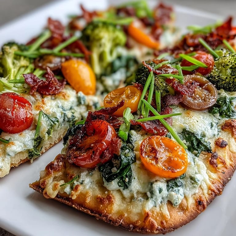 Festive St. Patricks Day Rainbow Veggie Flatbread Pizza featuring fresh bell peppers, spinach, and broccoli in a colorful edible rainbow.
