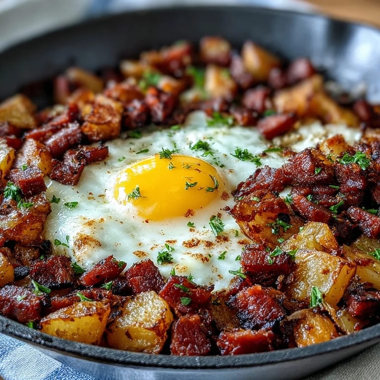 Savory corned beef hash breakfast skillet with sautéed vegetables, golden potatoes, and perfectly cooked eggs, served in a rustic cast iron pan.