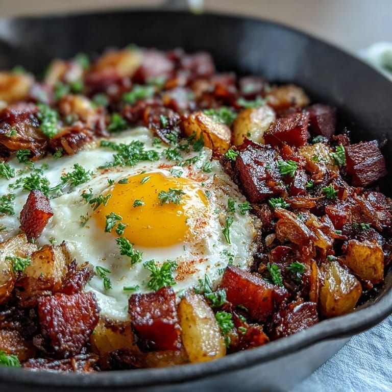Hearty corned beef hash skillet topped with runny eggs, featuring crispy potatoes, onions, and bell peppers for a satisfying morning meal.
