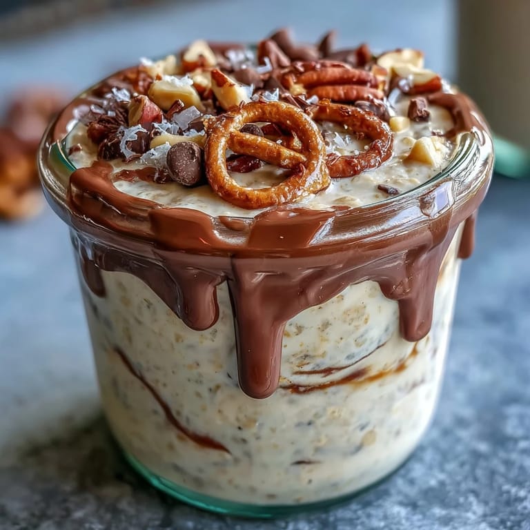Creamy peanut butter and chocolate overnight oats in a glass jar, garnished with crushed peanuts and banana slices for a satisfying sweet treat.