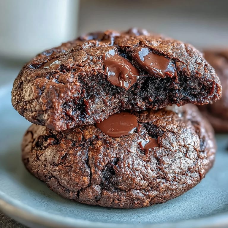 Chewy protein cookies made with cottage cheese, oat flour, and cocoa powder, topped with extra chocolate for a decadent yet healthy treat.
