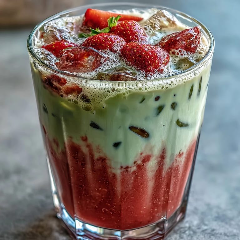 A close-up of a layered strawberry matcha latte with fresh strawberries and ice cubes.