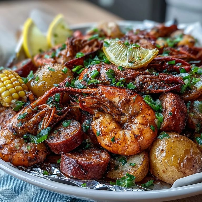 Mess-free Southern-style crawfish boil foil packets, loaded with andouille sausage and zesty Cajun seasoning.  
