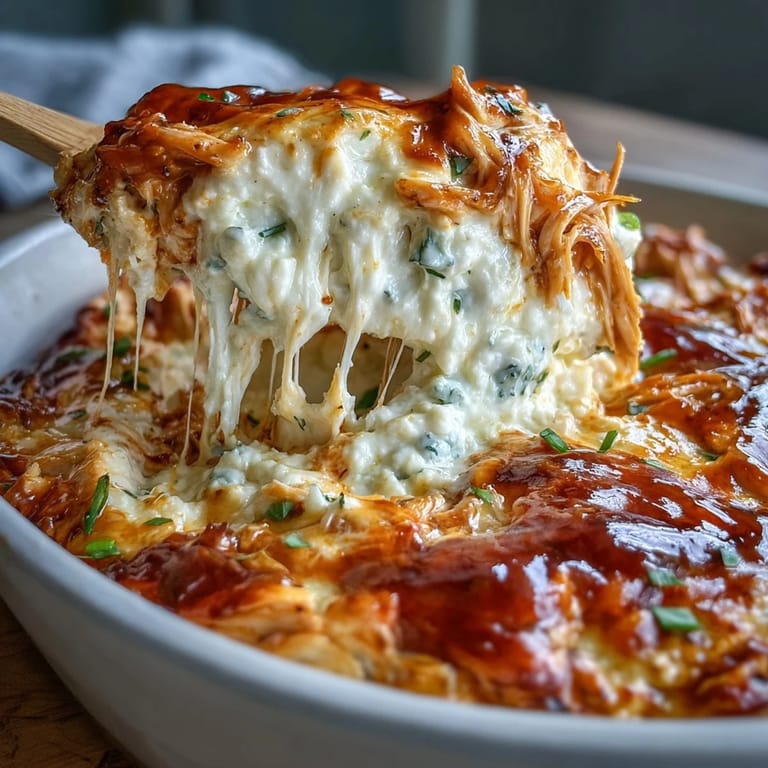 Creamy cottage cheese and Greek yogurt blend with shredded chicken and Buffalo hot sauce for a protein-packed, spicy appetizer.  