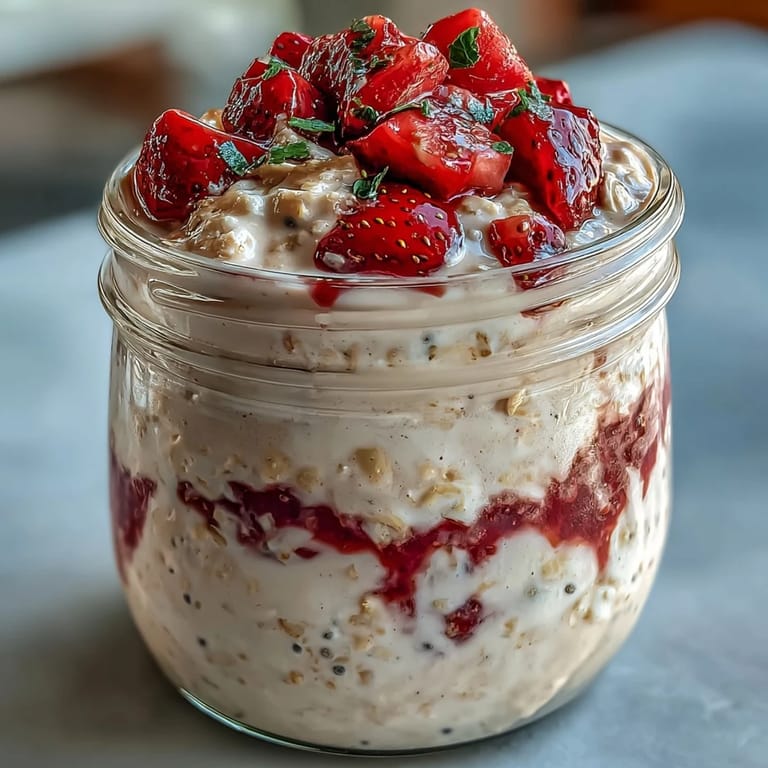 Velvety vanilla protein oats mixed with juicy strawberries and chia seeds, chilled overnight for a satisfying and nutritious morning meal.