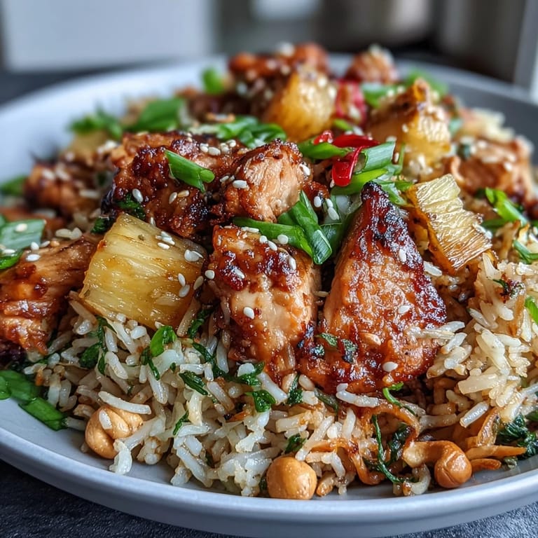Vibrant chicken and pineapple fried rice loaded with red bell pepper, carrots, and green onions, topped with toasted cashews for crunch.  