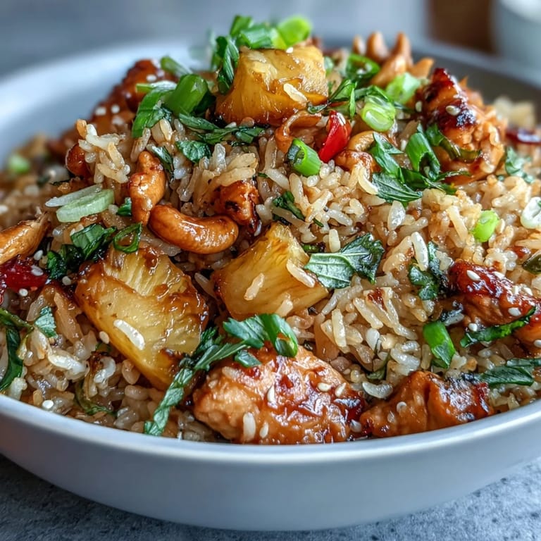 Savory-sweet pineapple chicken fried rice featuring tender chicken, crisp vegetables, and golden cashews, perfect for an easy weeknight meal.