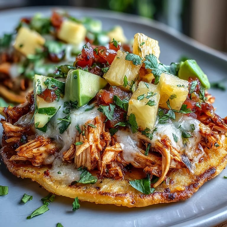 Zesty pineapple salsa mingles with smoky chicken on crunchy tostadas, garnished with fresh avocado and a drizzle of sour cream.