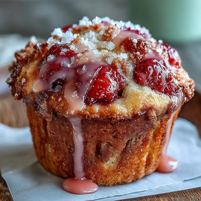 Fresh strawberry muffins topped with tangy lemon glaze, bursting with fruity flavor and a moist crumb.