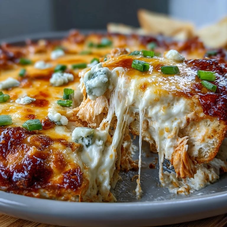 Protein-packed cottage cheese buffalo chicken dip served hot with celery sticks and tortilla chips for dipping.