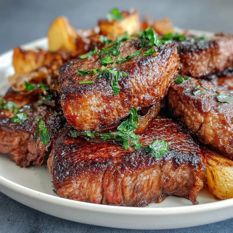 Golden-brown steak bites and potatoes sizzle in a skillet, coated in fragrant garlic butter with fresh herbs for an irresistible comfort meal.
