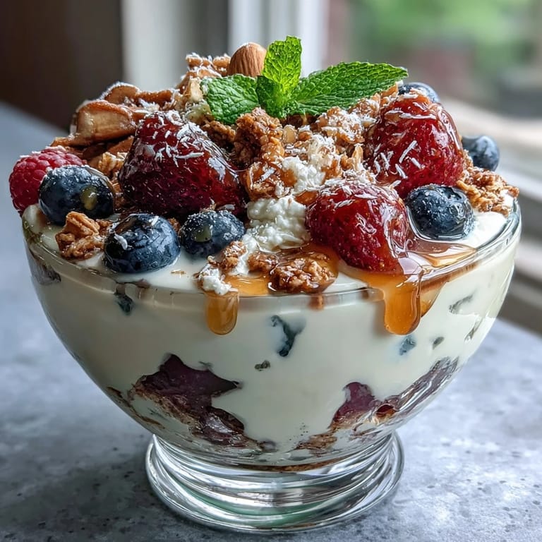Customizable Mothers Day yogurt parfait station featuring creamy Greek yogurt, juicy strawberries, blueberries, and an array of crunchy nuts and seeds.