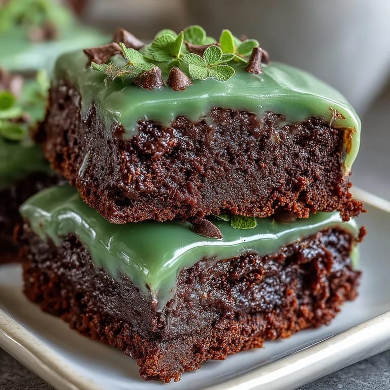 Festive shamrock brownies decorated with creamy green icing, offering a delightful chocolate treat for holiday gatherings.