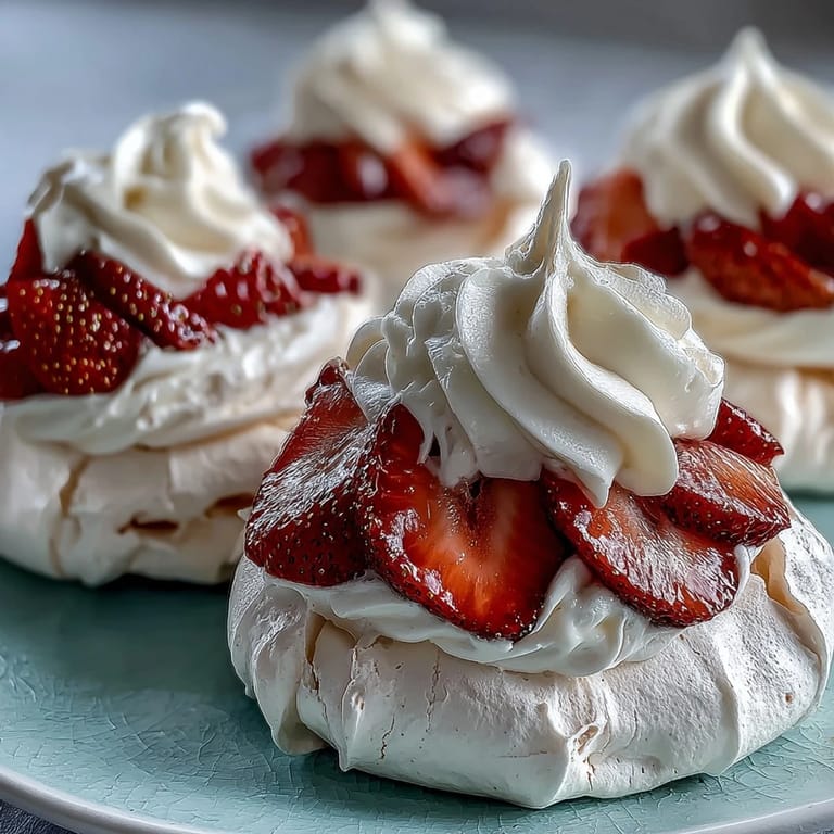 Crisp, golden pavlova shells topped with vanilla-infused cream and fresh strawberry slices, perfect for elegant dessert platters.