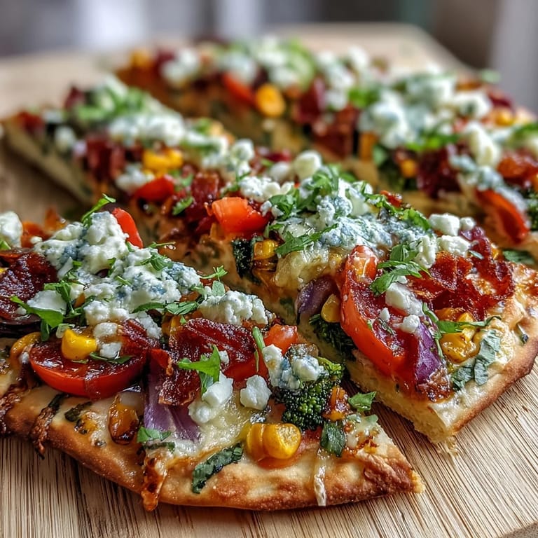 A close-up view of the baked Rainbow Veggie Flatbread Pizza sliced and ready to serve.