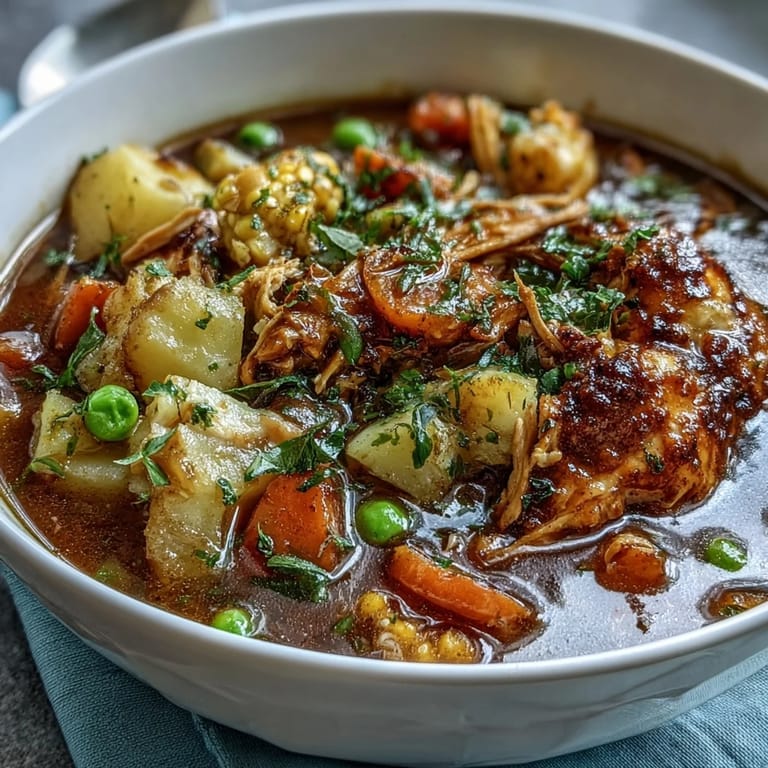 Hearty Chicken Pot Pie Soup, featuring shredded chicken, potatoes, carrots, and peas in a thick, savory cream base.