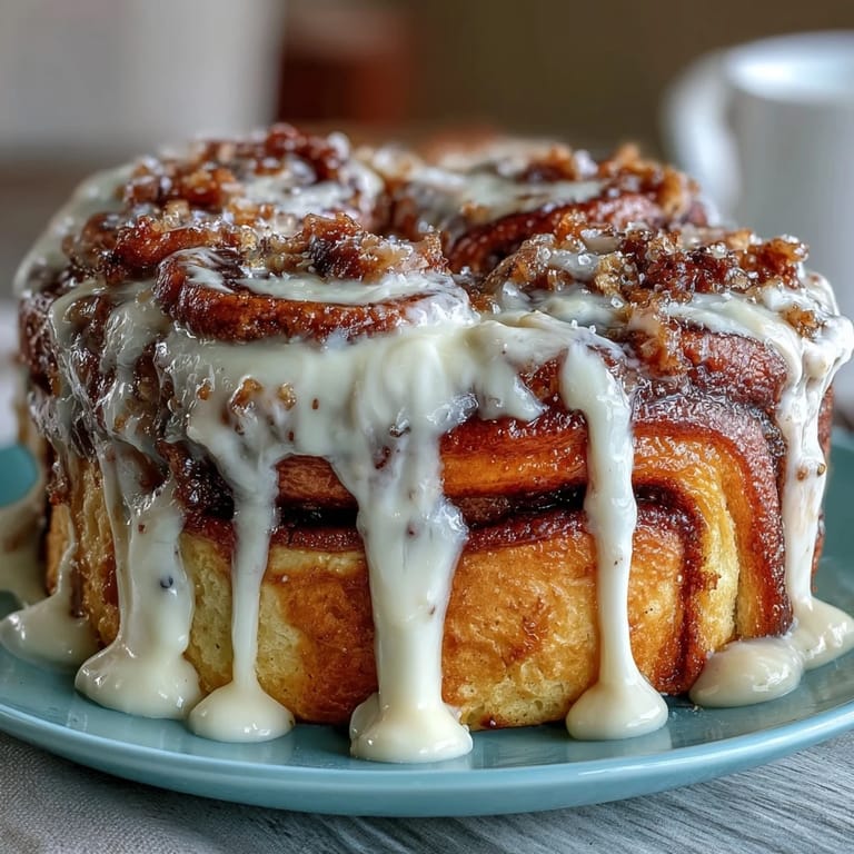 Decadent cinnamon roll pancake casserole served warm with a luscious cream cheese drizzle, making every bite irresistibly sweet and comforting.
