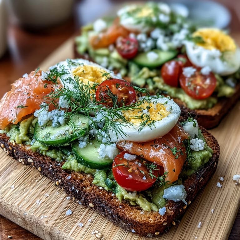 Vibrant avocado toast platter with smoked salmon, cherry tomatoes, cucumber, and radishes, perfect for a customizable spring brunch.
