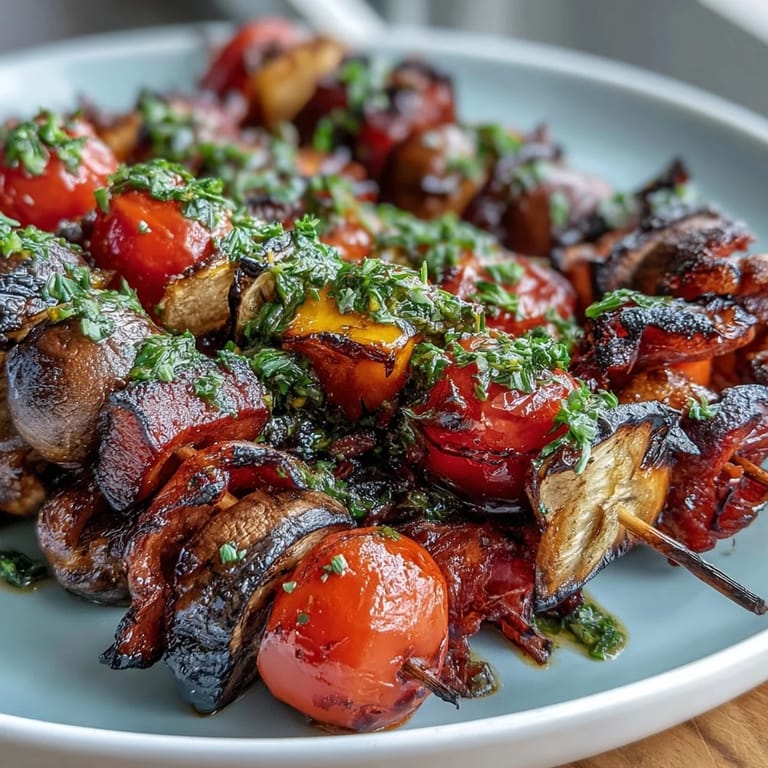 Vibrant grilled vegetable skewers with chimichurri, perfect for summer cookouts or vegetarian main dishes.  