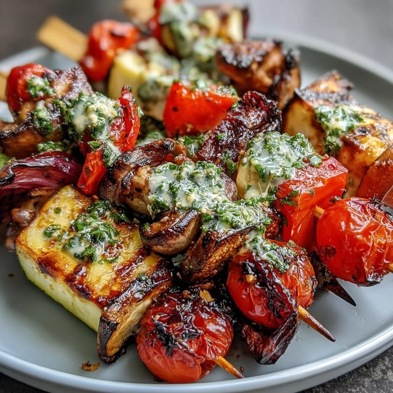 Summer grilled vegetable kebabs with chimichurri sauce, featuring zucchini, peppers, and mushrooms for a fresh, healthy meal.