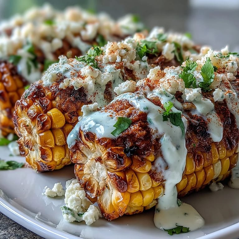 Quick microwave elote corn coated in zesty mayo-lime sauce, topped with crumbled Cotija and a sprinkle of chili.