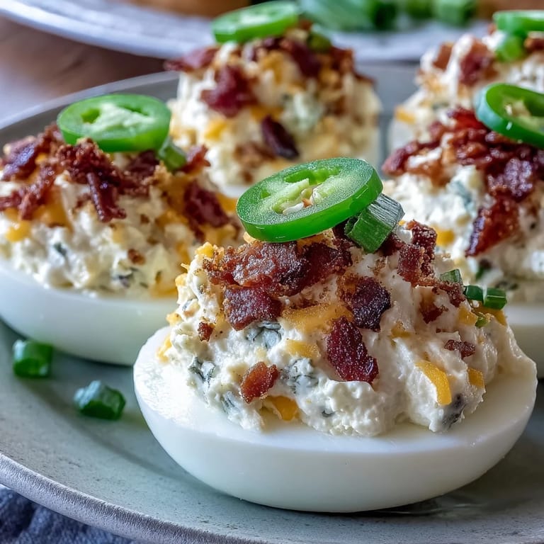 Classic deviled eggs get a spicy upgrade with jalapeño popper flavors, featuring cream cheese, cheddar, and crispy bacon bits.