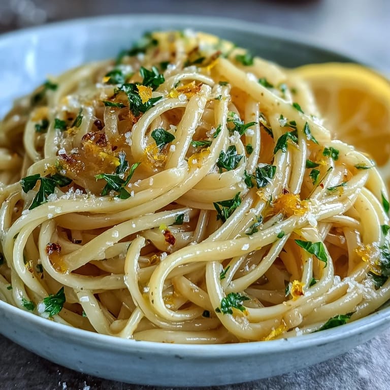 Bright and zesty lemon butter pasta dish with al dente spaghetti, melted Parmesan, and a hint of black pepper.